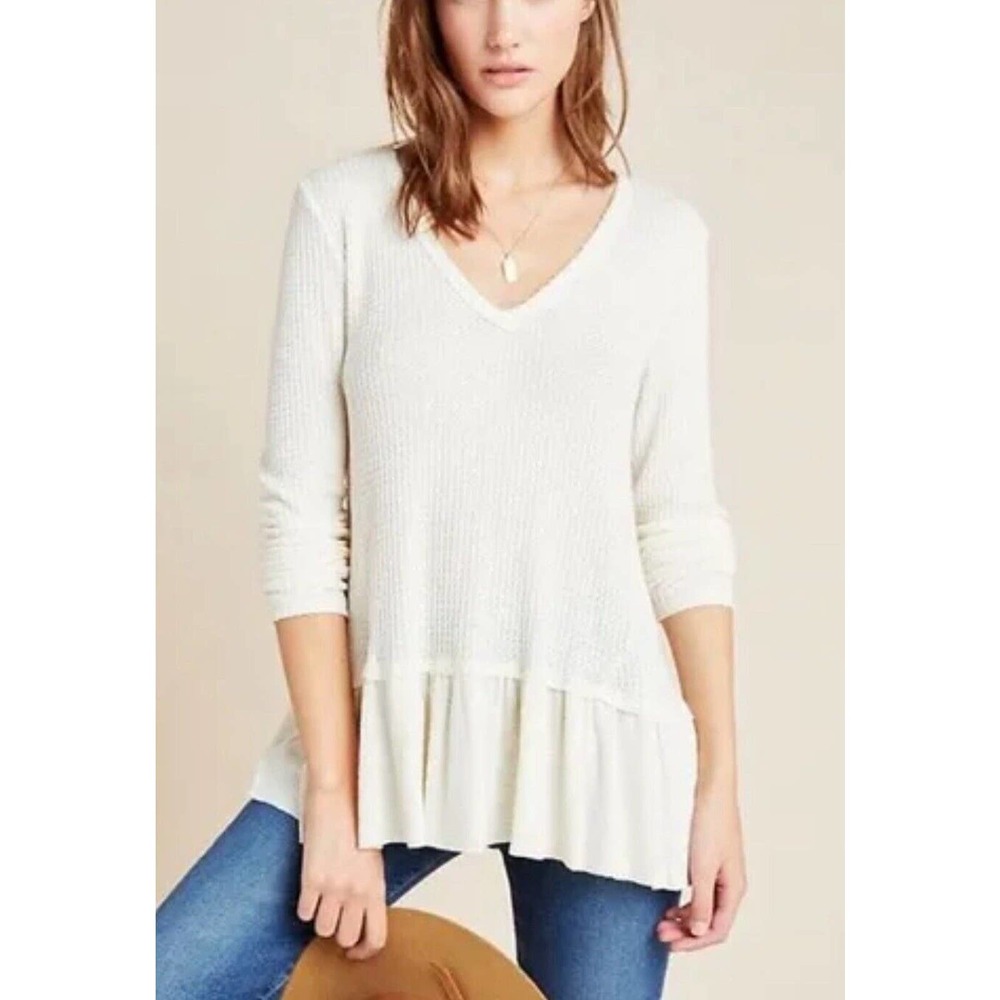Anthropologie eri + ali waffle weave ruffle botton top cream size‎ XS